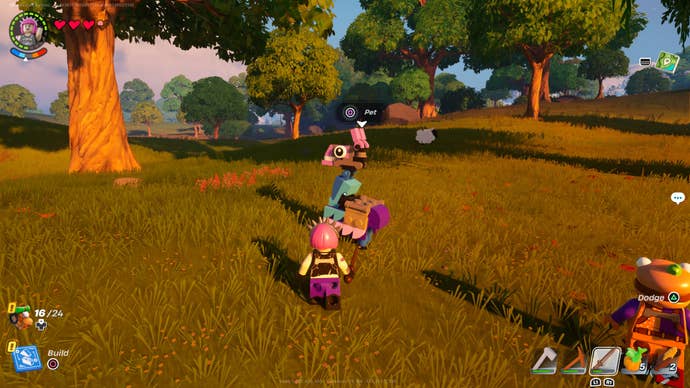 Power Chord petting a Loot Llama after following a fairy in LEGO Fortnite