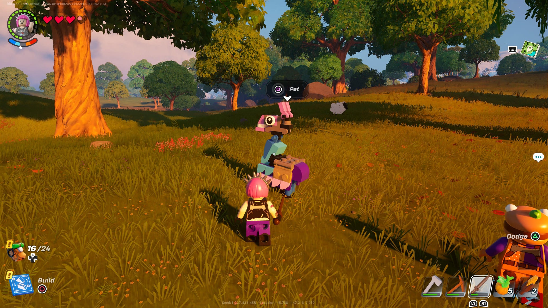 Power Chord petting a Loot Llama after following a fairy in LEGO Fortnite - 1