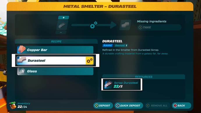 lego fortnite metal smelter menu durasteel recipe