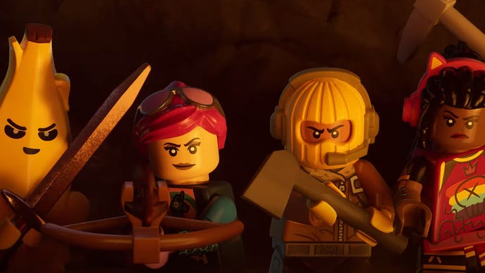 Minifigs are tooled up with weapons including a sword and crossbow in Lego Fortnite