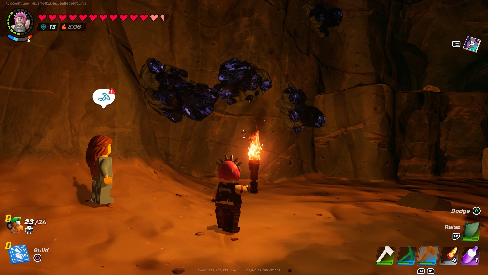 Power Chord shining a torch on an outcrop of Obsidian in LEGO Fortnite - 3