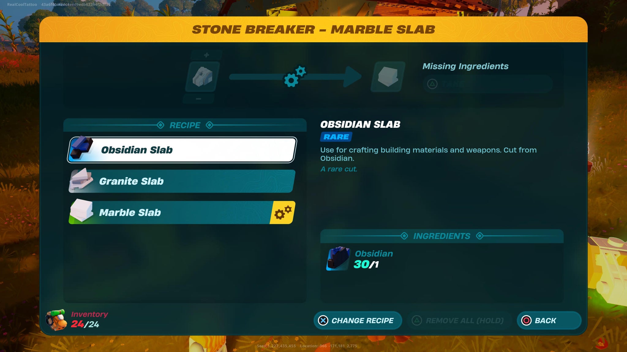 Power Chord refining Obsidian into Obsidian Slabs using a Stone Breaker in LEGO Fortnite - 4