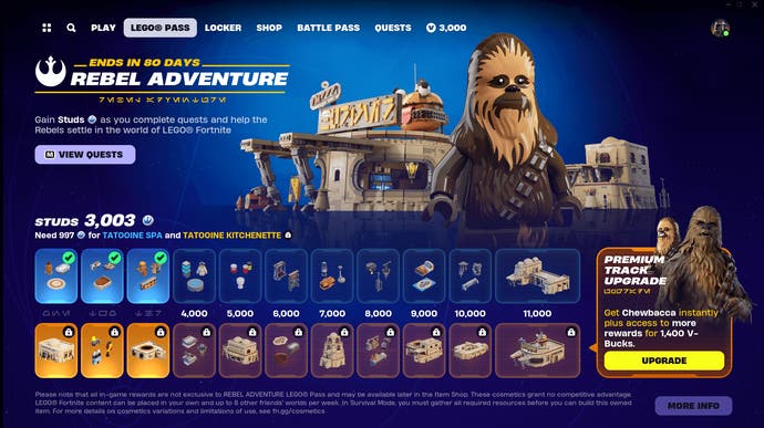 The Lego Fortnite Star Wars event pass, including Chewbacca.