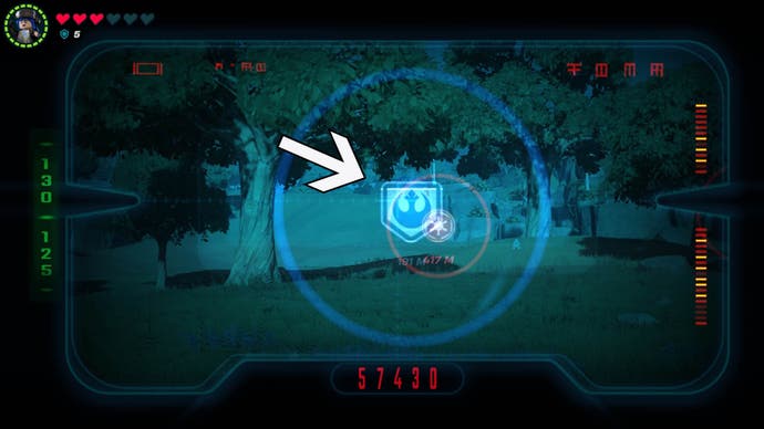 lego fortnite rebel village logo on macrobinocular screen