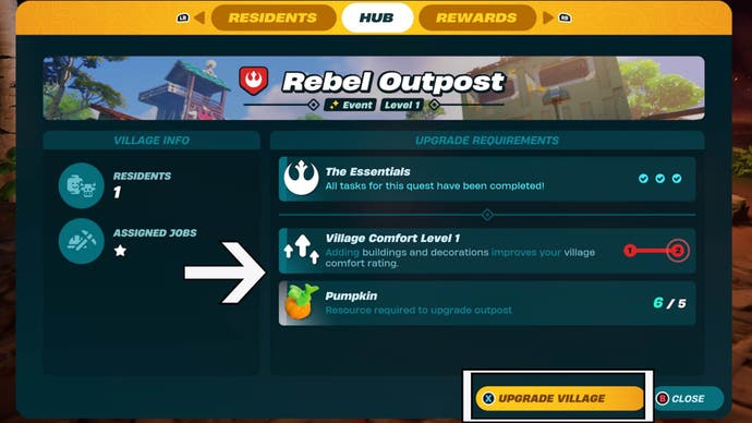 lego fortnite rebel village upgrade level required materials and upgrade prompt