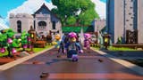 Lego Fortnite official screenshot showing a pink-haired Lego minifig character running towards the camera in front of a Lego castle, flanked by Fortnite characters like Fishstick.