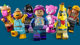 LEGO versions of the Brite Bomber, Fishstick, Peely, Cuddle Team Leader, Raven and Beef Boss Fortnite skins