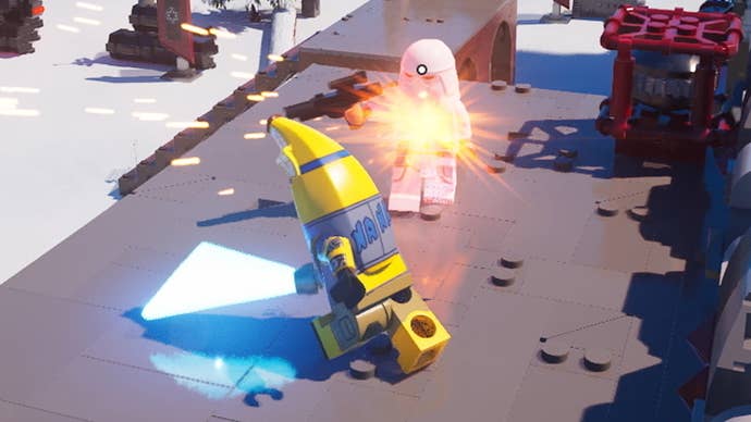 Lego Peely slashes a stormtrooper with a blue lightsaber in Lego Fortnite’s Star Wars world