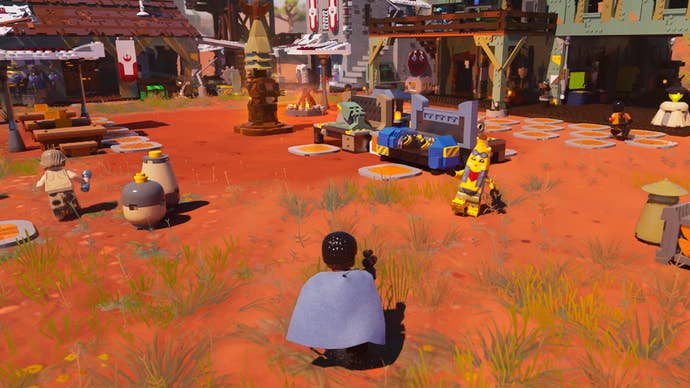 The player wanders into Lego Fortnite’s new Rebel Village in its Star Wars world