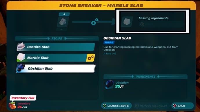 lego fortnite stone breaker obsidian slab collect material option highlighted