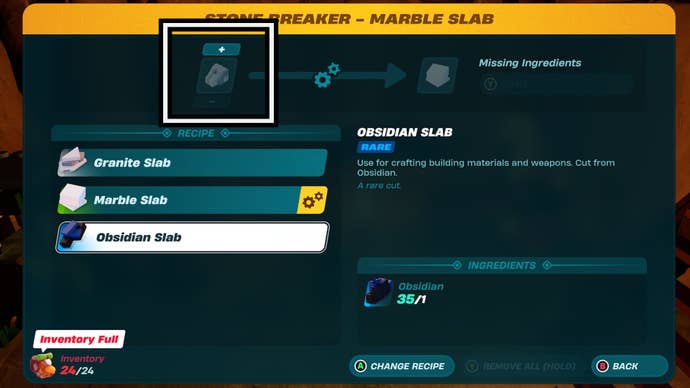 lego fortnite stone breaker obsidian slab insert material option highlighted