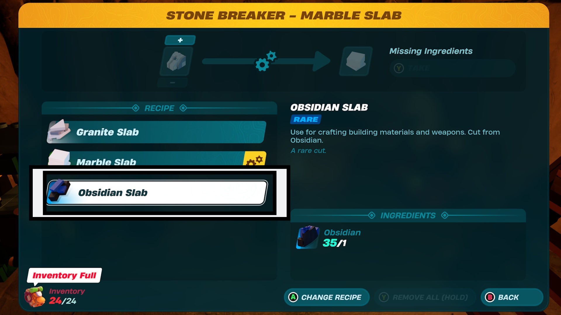 lego fortnite stone breaker obsidian slab reecipe option highlighted