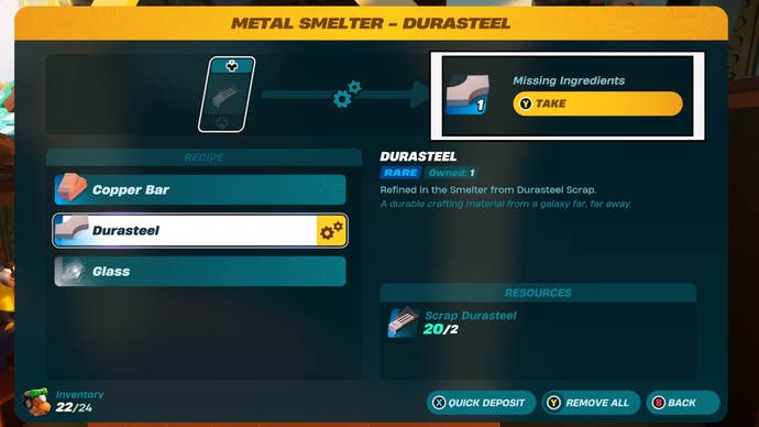 LEGO Fortnite takes Durasteel from the Metal Smelter transformation menu
