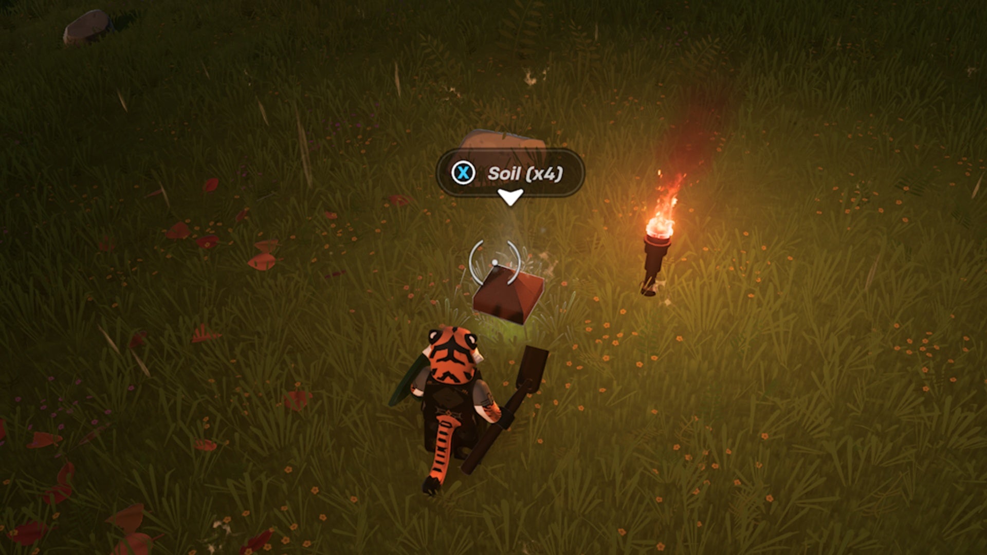 lego fortnite tiger holding shovel near soil pile