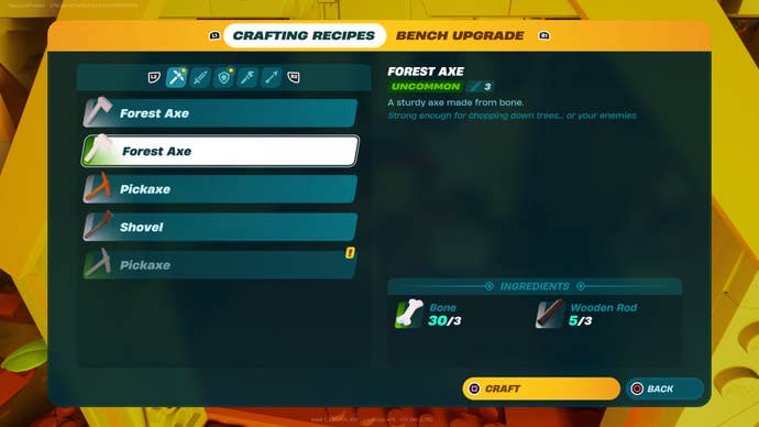 The crafting table upgrade screen in LEGO Fortnite showing an upgraded forest axe