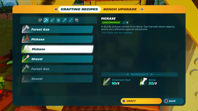 The crafting table upgrade screen in LEGO Fortnite showing an upgraded pickaxe