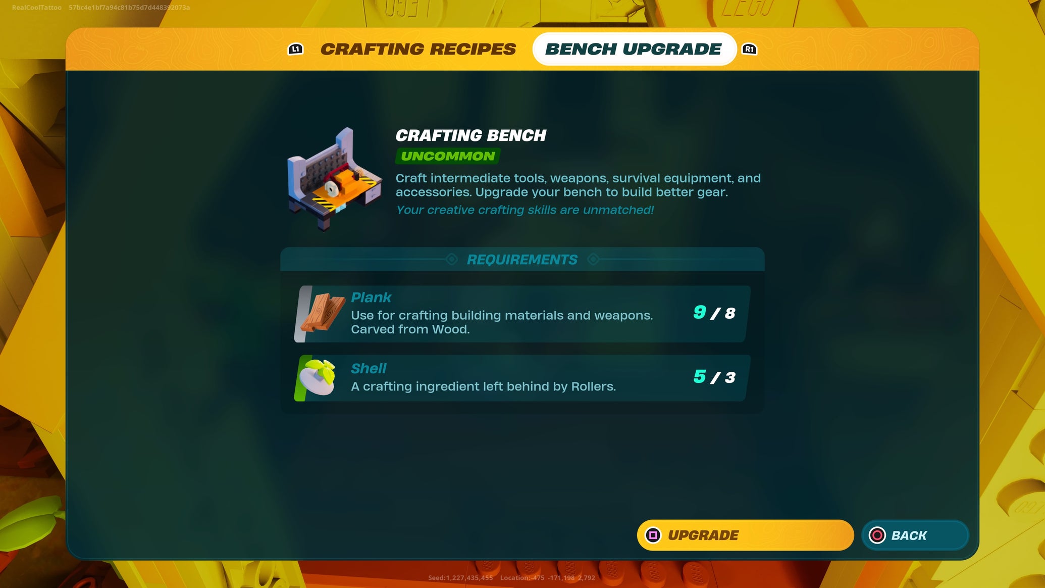 The crafting table upgrade screen in LEGO Fortnite, where you build upgraded tools - 1