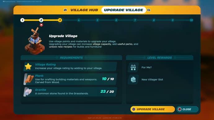 The Village Upgrade menu in LEGO Fortnite, offering the level 3 upgrade