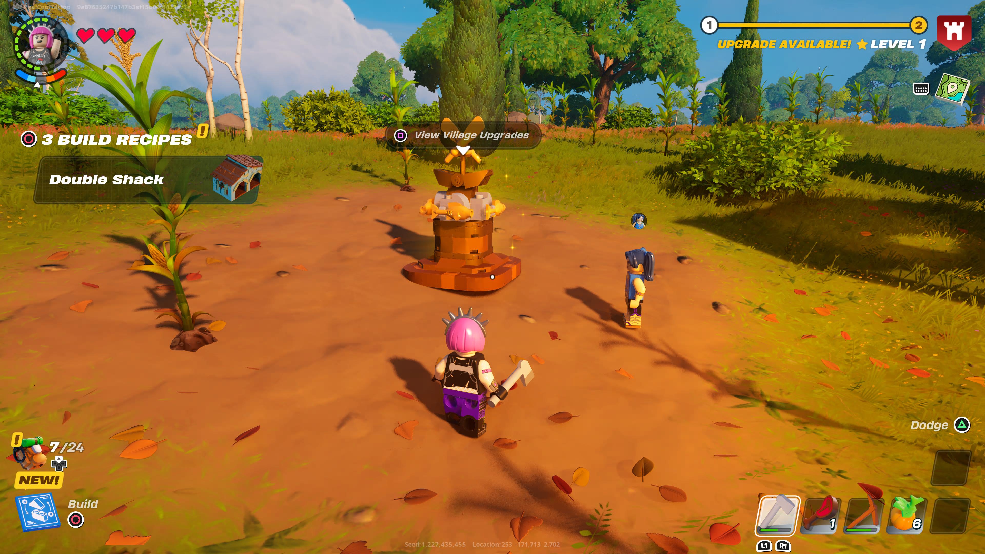 Power Chord standing next to the Village Square where you make upgrades in LEGO Fortnite