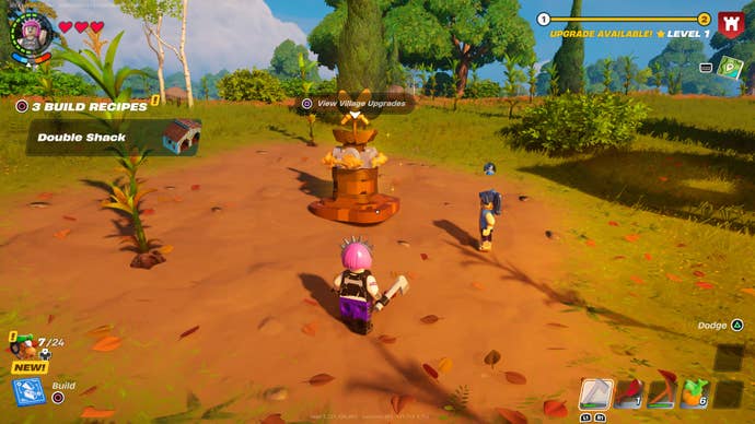 Power Chord standing next to the Village Square where you make upgrades in LEGO Fortnite