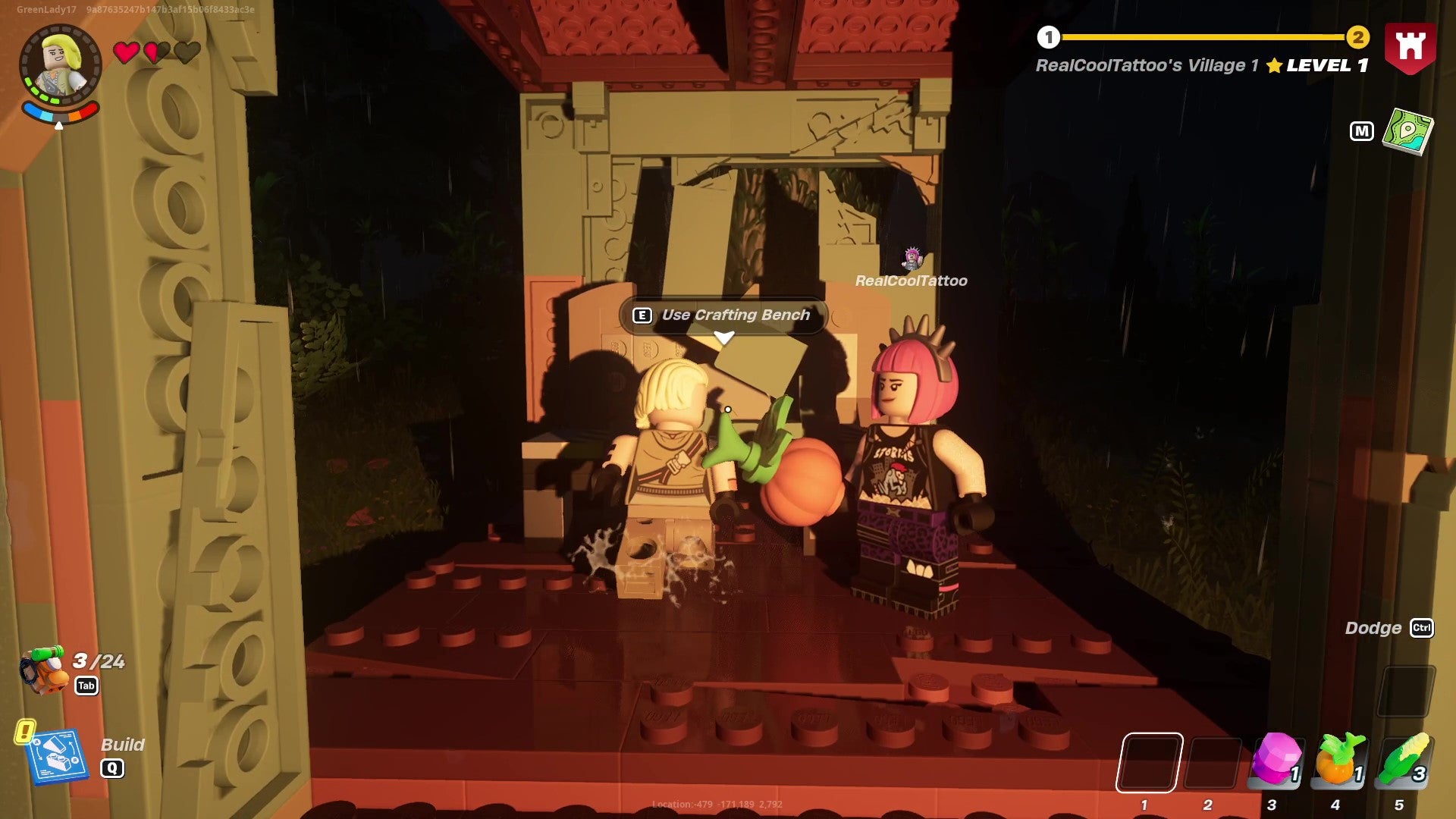 Two LEGO characters stand near a crafting bench in a rudimentary shelter at night. - 1