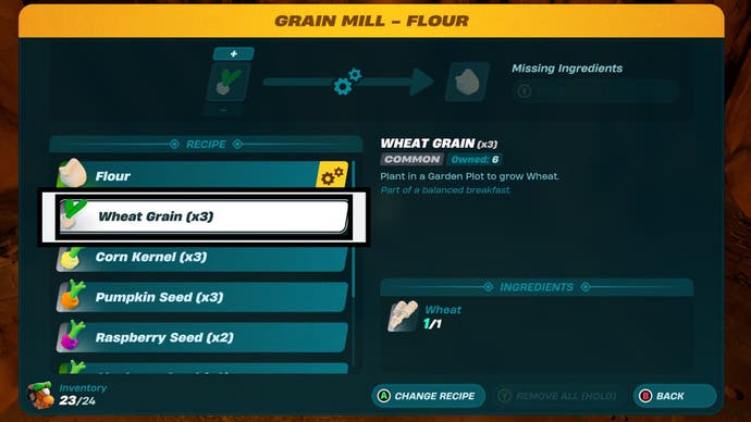 lego fortnite wheat grain recipe highlighted on grain mill menu