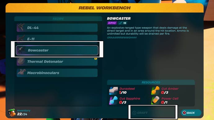 lego fortnite wookie bowcaster recipe in rebel workbench menu