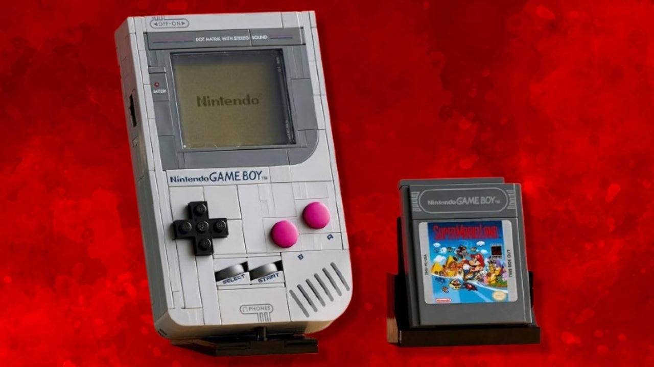 The LEGO Game Boy and Super Mario Land Game Pak cartridge on a display stand - 1