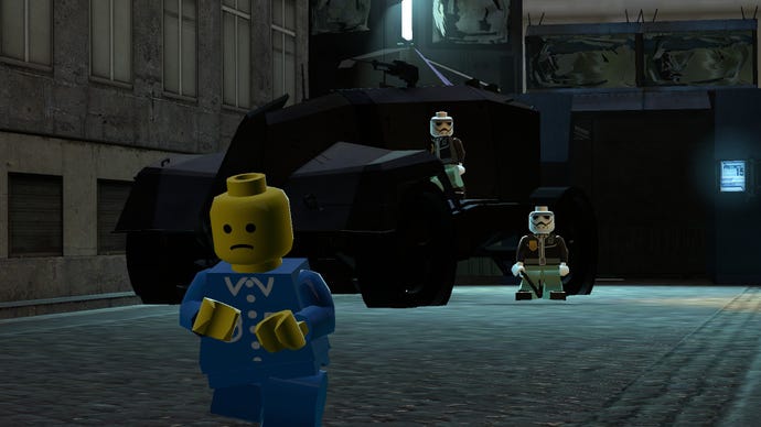 A lego minifig runs away from Combine soldiers in the Lego Half-Life 2 mod