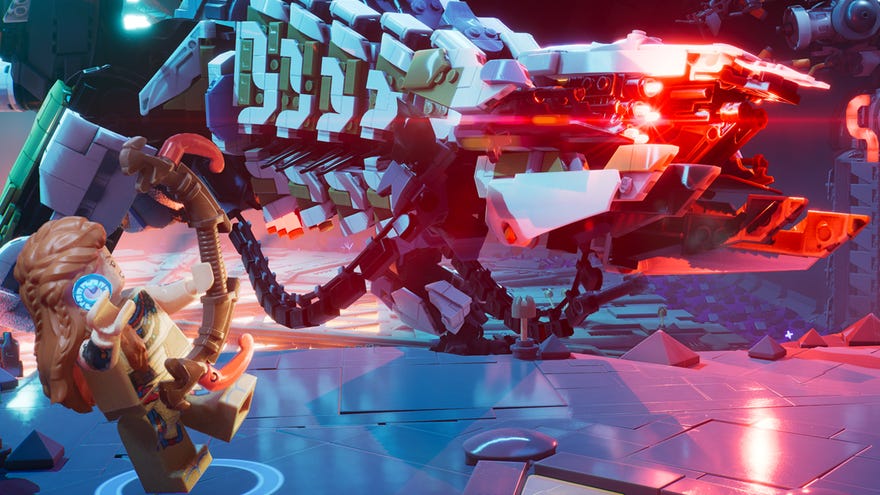 A minifig Aloy throws something at a Thunderjaw in Lego Horizon Adventures