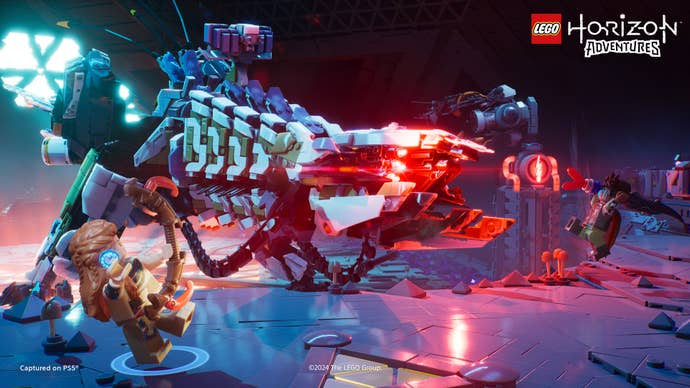 Lego Horizon Adventures screenshot showing Aloy fighting off a robot designer in a cave with someone else.