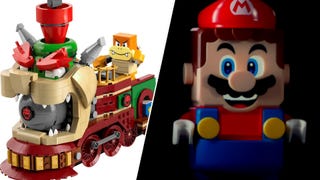 A Lego train set that looks like Bowser, Boom Boom riding at the front of it. A Lego Mario figure sat in a dimly lit room.