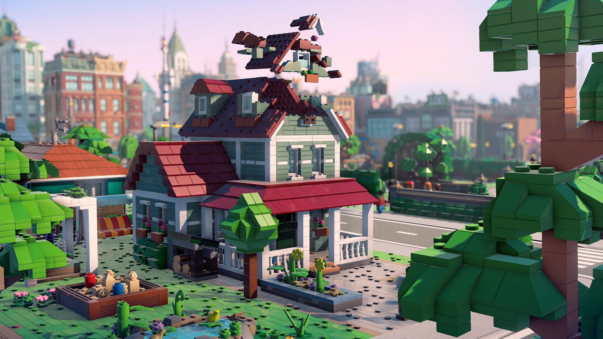 A red-roofed house in a green urban area from LEGO Skylines.