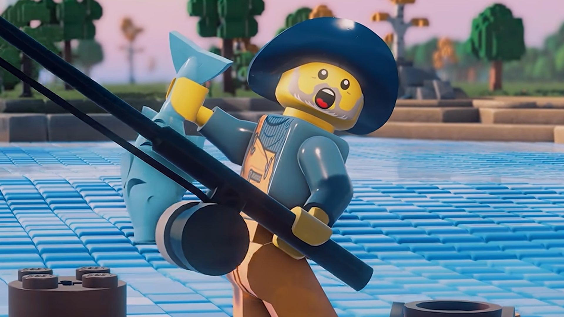 Shot from Lego Skylines' trailer showing a fisherman, with a fish in one hand and a rod in the other, looking surprised as something hurtles toward him from off-screen.