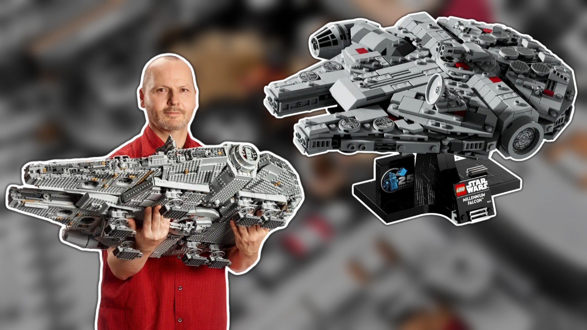 A man holding set 75192 - the Millenium Falcon - is shown beside new, smaller Millenium Falcon set 75375 - 1