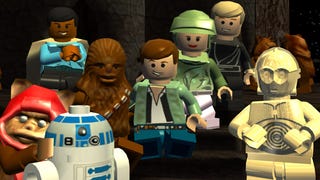 Han, Chewbacca, C3-P0, R2-D2, Lando, Luke, Wicket, and Leia all pose for the camera.