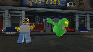The Simpsons in-game screenshots for LEGO Dimensions show Homer hanging with Slimer