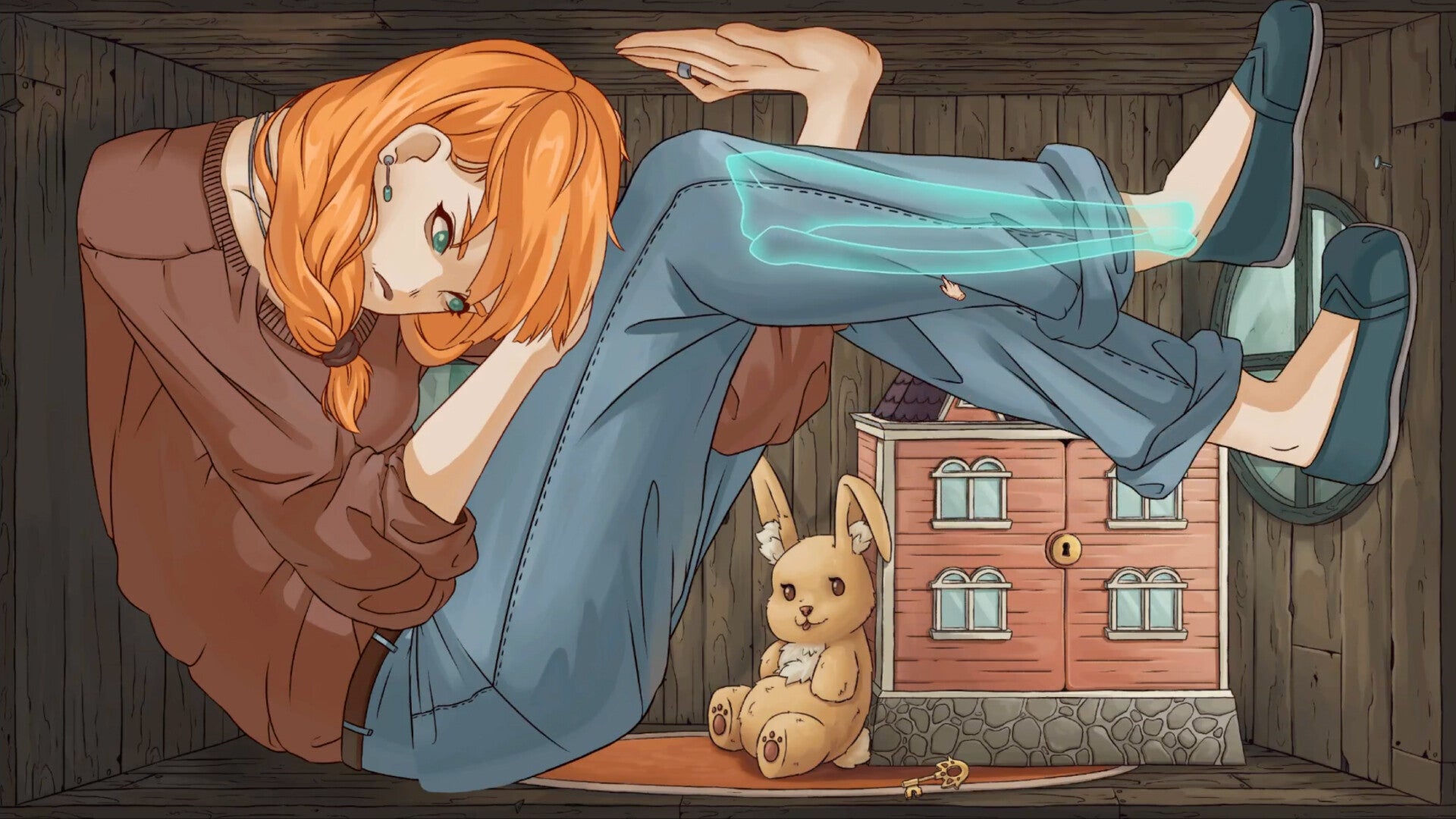 Leila, a red-headed woman, stuck in a treehouse like Alice In Wonderland when she grows to a huge size. There's a dolls house in the corner - 1