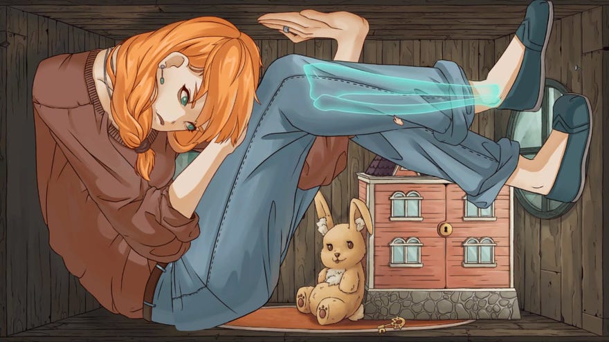 Leila, a red-headed woman, stuck in a treehouse like Alice In Wonderland when she grows to a huge size. There’s a dolls house in the corner