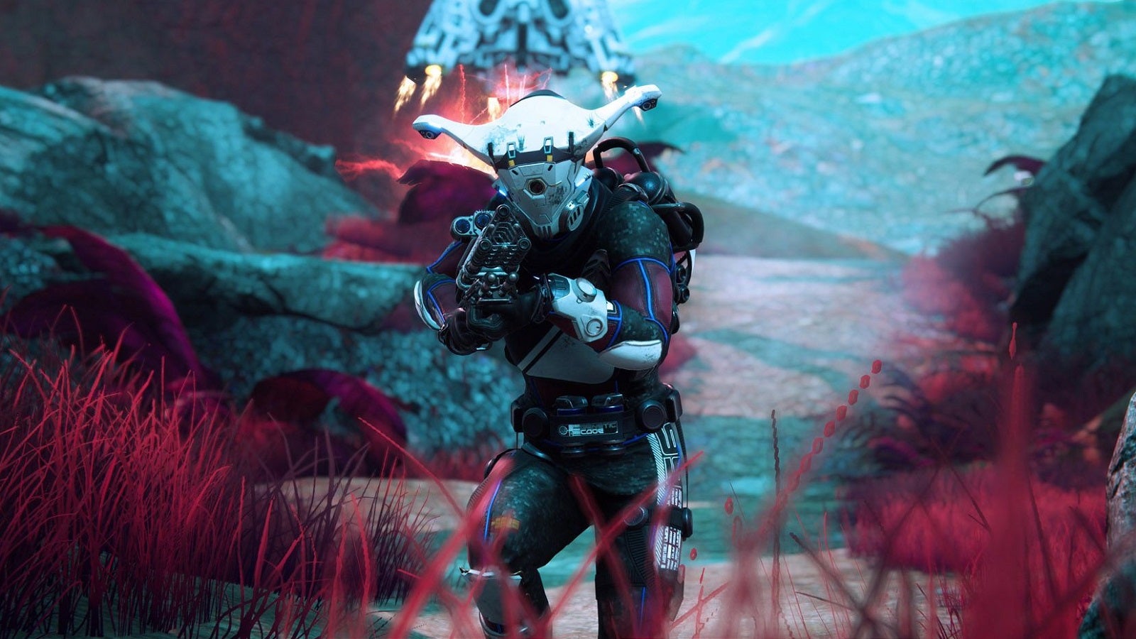 An alien-looking guy with a cool gun near some red grass in Lemnis Gate.