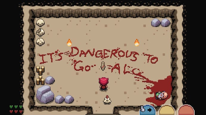 A woman stands in a cave with the words It's Dangerous To Go Alo- spelled out in an old man's blood in Lenna's Inception