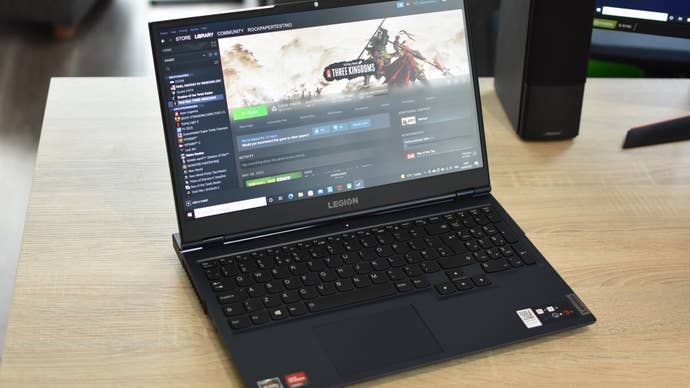 The Lenovo Legion 5 gaming laptop on a desk.