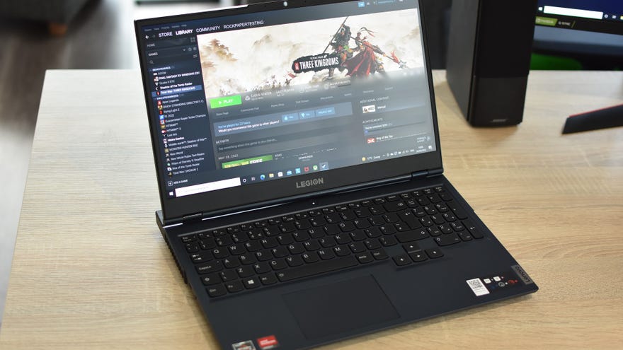 The Lenovo Legion 5 gaming laptop on a desk.