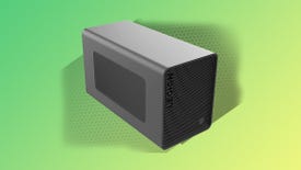 a lenovo legion graphics card enclosure pictured on a coloured background