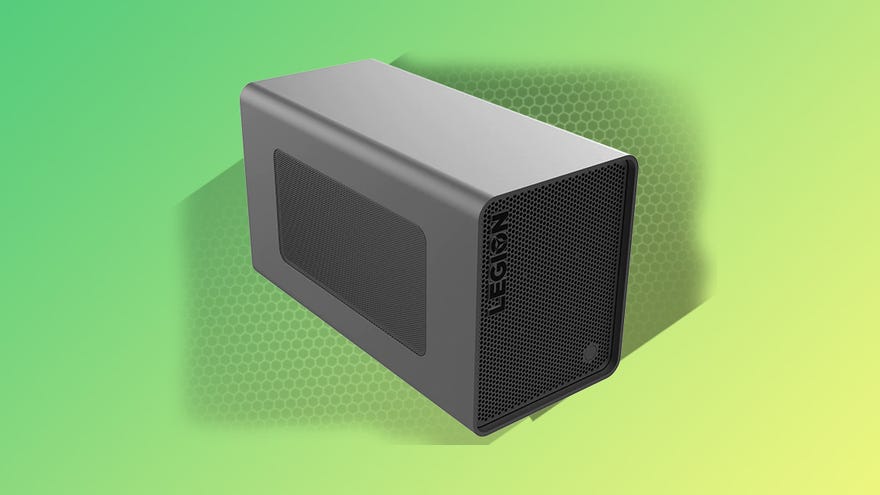 a lenovo legion graphics card enclosure pictured on a coloured background