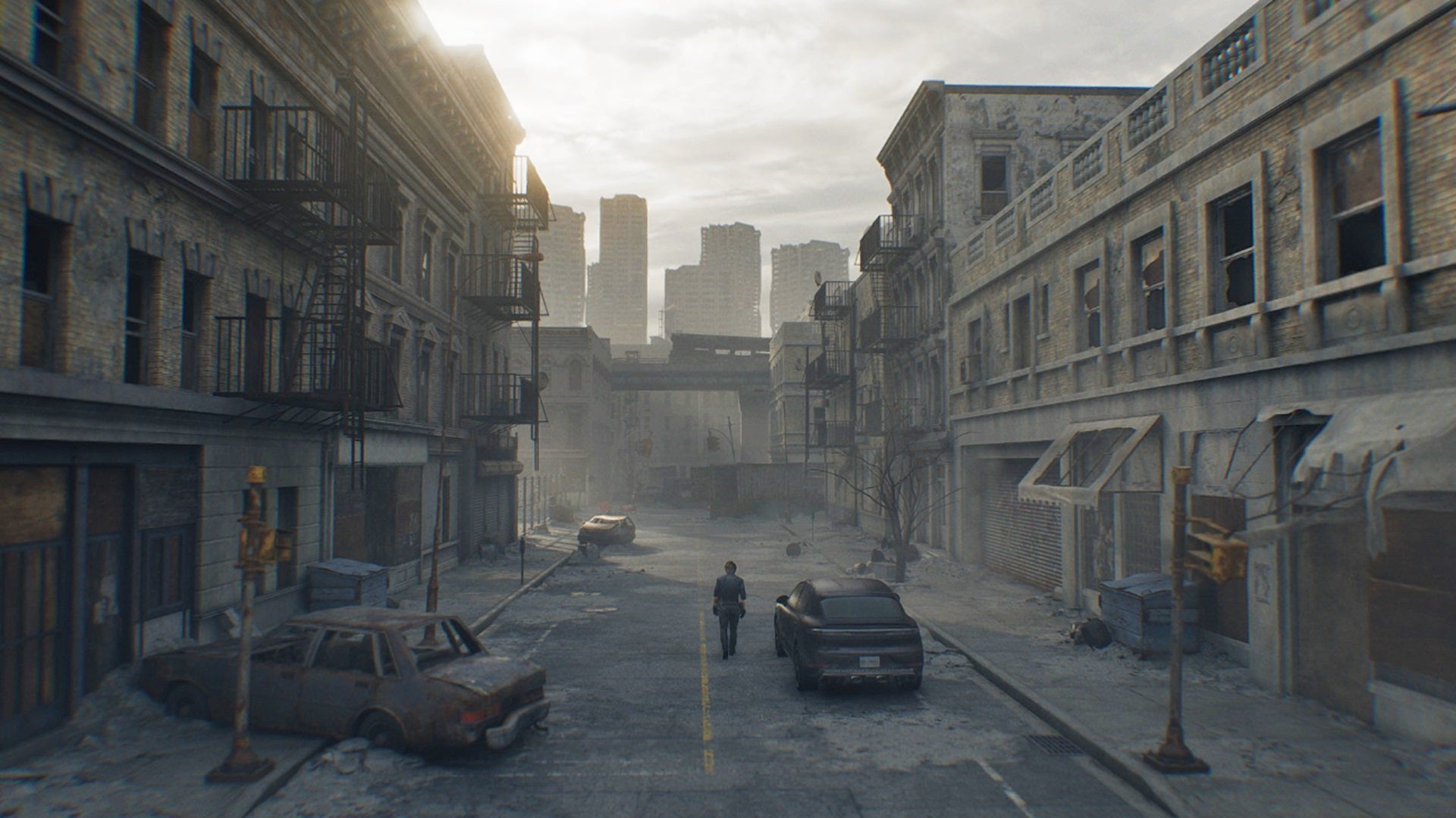 Leon stands in the destroyed remnants of Raccoon City in Resident Evil Requiem.