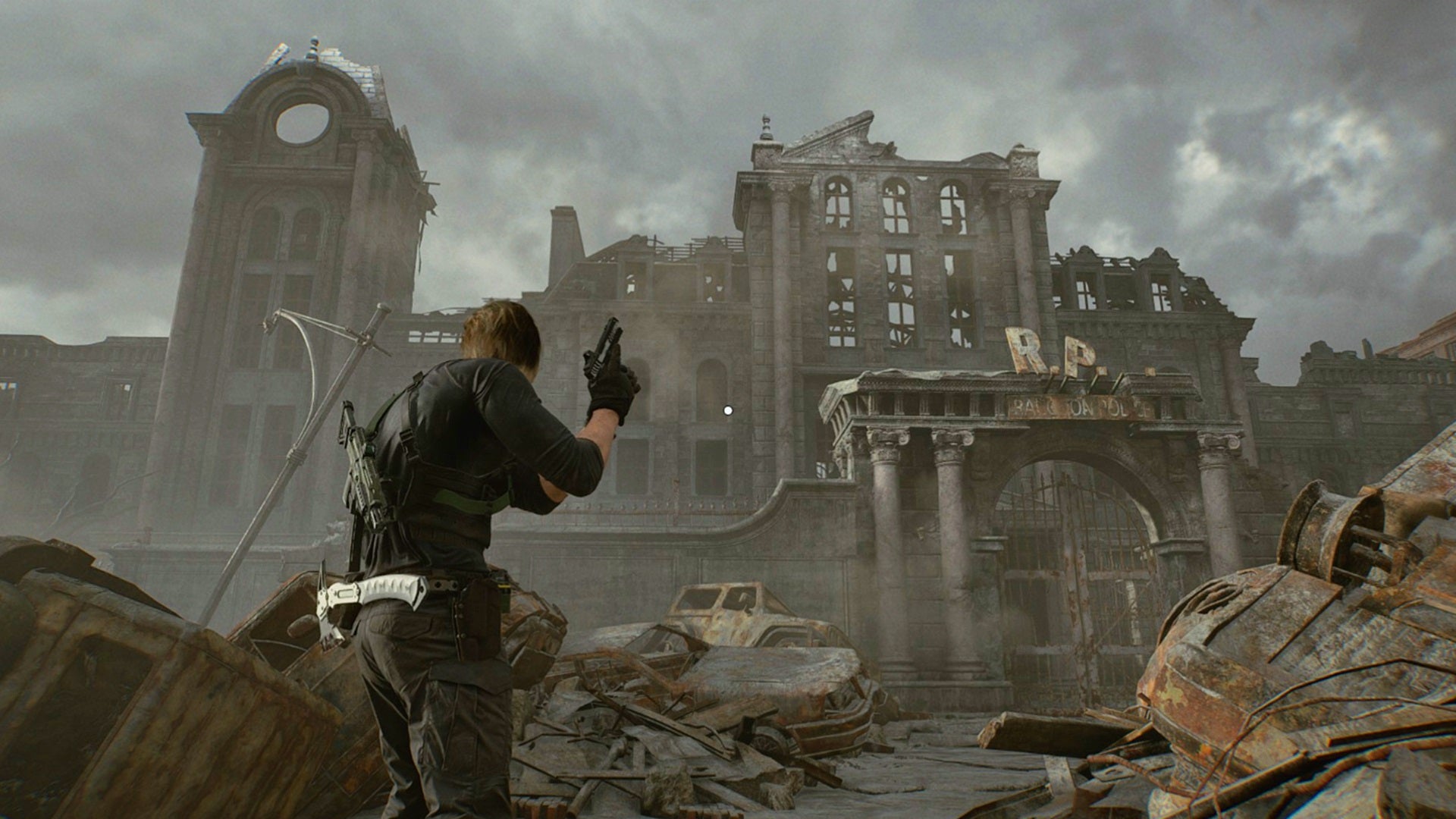 Leon stands outside of the ruins of the Raccoon City Police Department in Resident Evil Requiem.