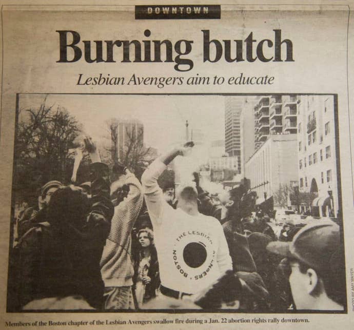 An old newspaper with the headline “burning butch” and a photograph of the protest group the Lesbian Avengers at an abortion rights rally in 1995