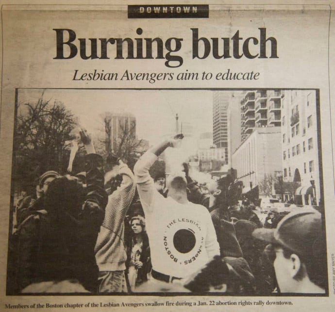 An old newspaper with the headline "burning butch" and a photograph of the protest group the Lesbian Avengers at an abortion rights rally in 1995