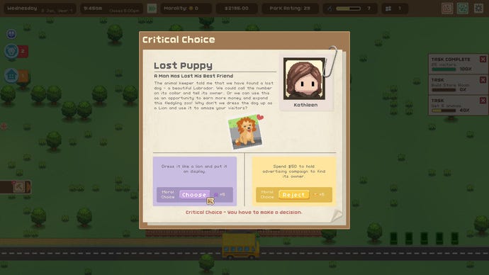 A critical choice in the game Let’s Build A Zoo asking the player to decide whether or not to dress up a lost dog as a lion. The mouse cursor is hovered over choosing to dress it like a lion and put it on display.